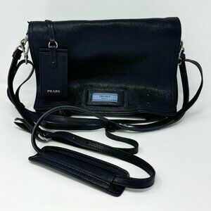 PRADA Glace Calf Etiquette Shoulder Bag Medium - Black Leather/Blue Suede